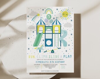 May include: A colorful invitation for a 5th birthday party with a playground theme. The invitation features a cartoon illustration of a playground with a slide, swings, and a climbing structure. The text on the invitation reads "Run, Climb, Slide & Play" and includes the birthday child's name, date, time, and location.