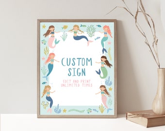 Cartello modificabile per festa di compleanno a forma di sirena, decorazione personalizzata per bomboniere (download digitale)