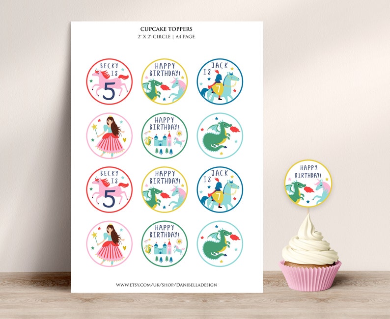 Knights Princess Dragons Cupcake Toppers DIY Custom Unisex Etsy