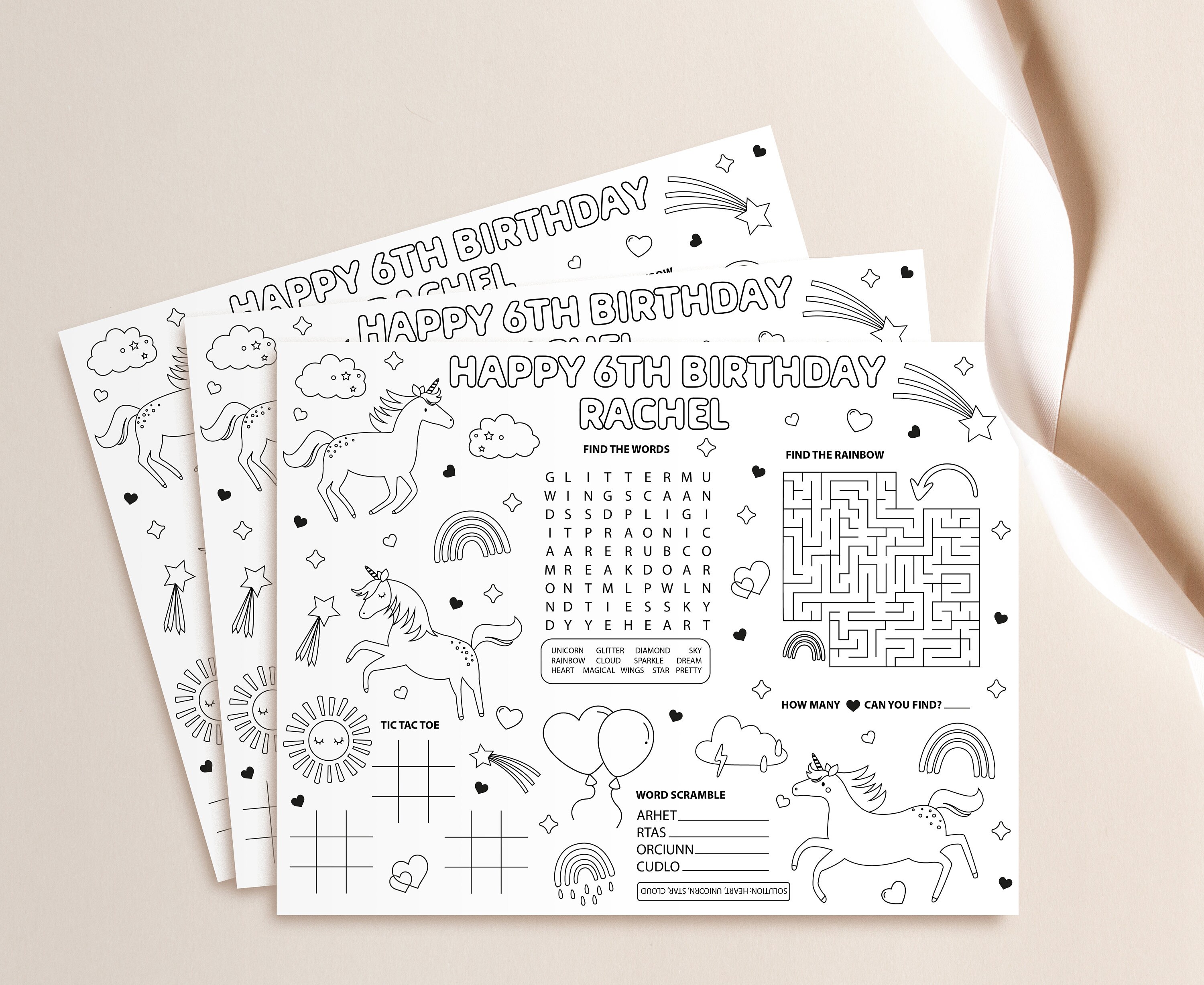 Unicorn Birthday Placemat, Coloring Page, Party Game (editable Template ...
