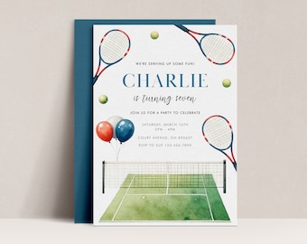テニスの誕生日パーティー招待状、編集可能なテンプレート