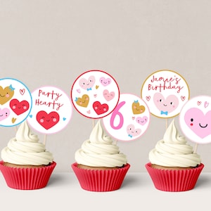 Editable Valentine Hearts Birthday Cupcake Toppers, Valentine Cake Toppers, Valentine Hearts Party Decor, Custom Heart Cupcake Toppers, D82