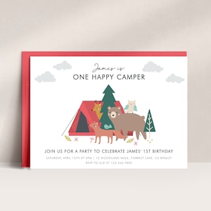 Happy Camper Birthday Invitation, One Happy Camper Birthday Invitation, Camping Birthday Party, 1st Birthday Invite, Invitation Template D05
