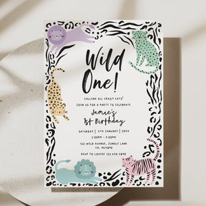 Wild One Birthday Invitation, Pastel Wild One Invitation, Wild Cat Invitation, Safari Jungle Animal Party Invitation, D78