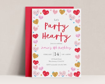 Party Hearty Valentine's Birthday Invitation Editable Heart Valentine's Invite Kids Valentine's Birthday Invite Instant Download, D82