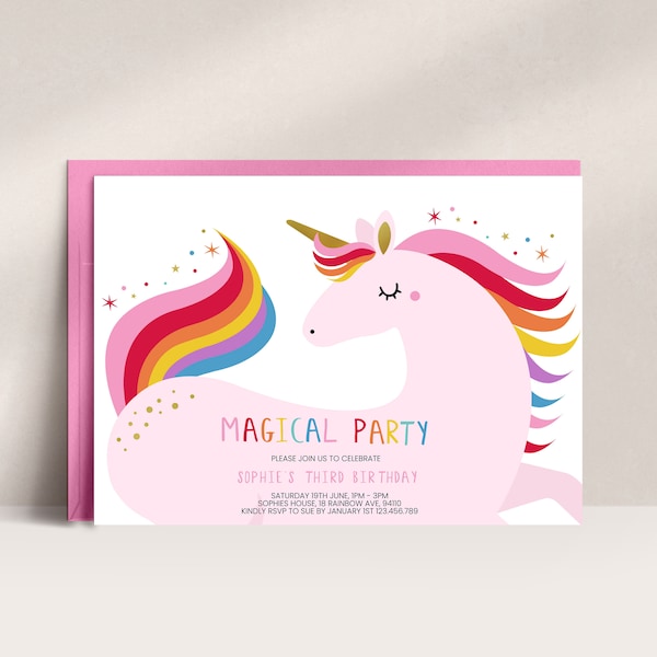 Unicorn Party Invitation, Girls Unicorn invitation, Rainbow Unicorn Party Invitation, Magical Birthday Party Invitation, Unicorn Invite, D30