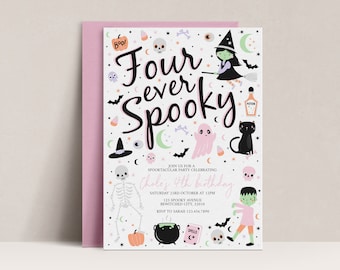 Four Ever Spooky Kids Halloween Invite, Editable Birthday Invitation, Halloween Invite, Kids Halloween party, Pastel Halloween, Spooky, D46
