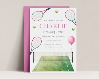 Tennis Birthday Invitation, Pink Tennis Party Invite, Tennis Court Invitation, Tennis Racquet Invitation Template, Tennis Ball Invite, A27