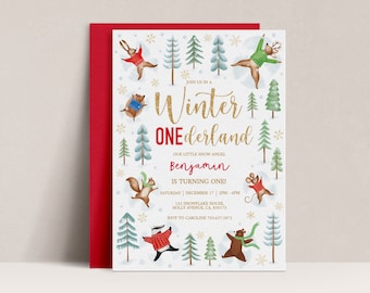 Woodland Winter Onederland Invitation, Onederland Birthday Party Invite, Editable Onederland Invitation Template, Winter 1st Birthday, D75