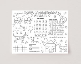 Pawty Activity Placemat, Puppy Dogs Coloring Page, Printable Dog Party Game, Kids Dog Party Table Activity, Editable Party Template D31