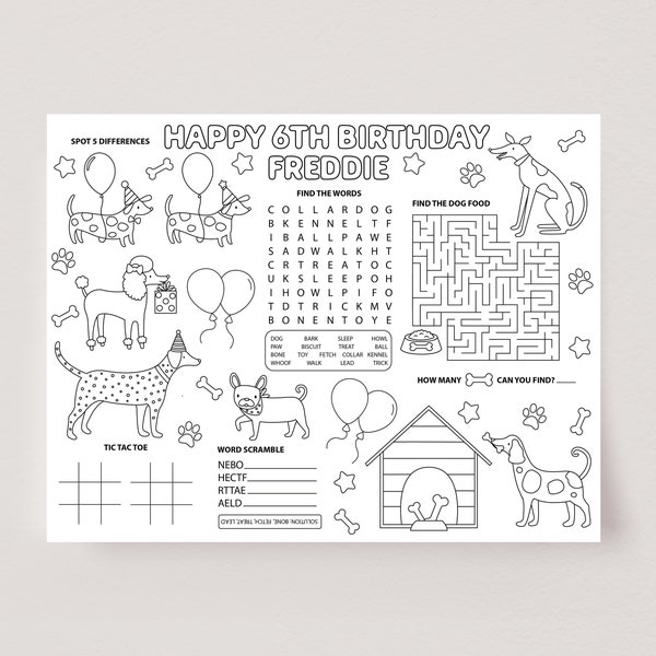 Pawty Activity Placemat, Puppy Dogs Coloring Page, Printable Dog Party Game, Kids Dog Party Table Activity, Editable Party Template D31