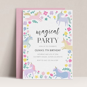 Unicorn and Flowers Birthday Invitation Magical Unicorn Party Invitation Unicorn Birthday invitation Unicorn Party Invite Flower Invite, D93