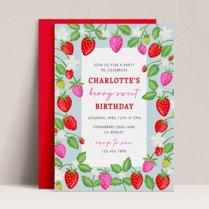 Strawberry Birthday Invitation, Strawberry Invite, Strawberry Invitation Editable, Berry Sweet Party Invitation, Berry First Invitation, D42