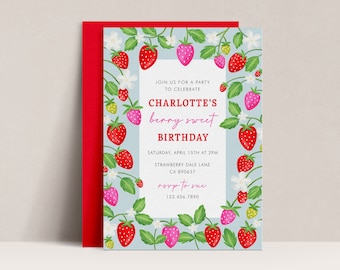 Faire-part d'anniversaire aux fraises, invitation douce aux baies (modifiable)
