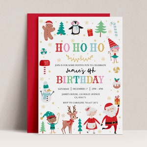Bewerkbare kerstverjaardagsuitnodiging, kerstfeestuitnodiging, uitnodigingssjabloon, kerstverjaardag, kerstfeest voor kinderen, D70