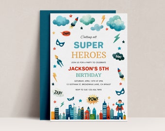 May include: A superhero-themed birthday party invitation with a blue, yellow, and red color scheme. The invitation features a cityscape with a superhero standing on a building. The text on the invitation reads "Calling all SUPER HEROES JOIN US FOR A PARTY TO CELEBRATE JACKSON'S 5TH BIRTHDAY SATURDAY, APRIL 15TH AT 2PM 12 GOTHAM ST, BROADWALK LANE, CA 890637 RSVP TO SUE 123.456.7890".