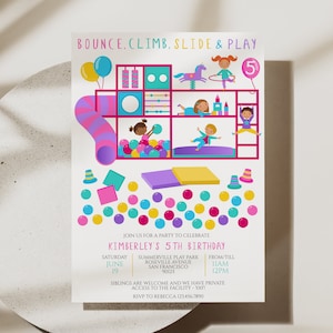Invitation de gymnastique dans la jungle, invitation de jeu doux, invitation d&#39;aire de jeux intérieure, invitation de rebond, invitation de fête d&#39;anniversaire de jeu dans la salle de sport de la jungle, D45