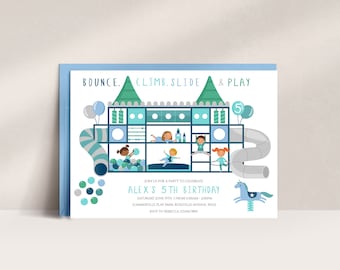 May include: A blue and green invitation for a child's 5th birthday party. The invitation features a cartoon illustration of a playground with a slide, a climbing wall, and a bouncy house. The text on the invitation reads "BOUNCE, CLIMB, SLIDE & PLAY" and "ALEX'S 5TH BIRTHDAY".