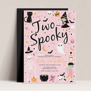 Two Spooky Halloween Birthday Invitation, Pink Kids Party (Digital Download)