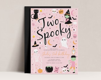 Two Spooky Halloween Birthday Invitation, Pink Halloween Invite, Halloween Template, Kids Halloween Party, Girls Halloween Invite, D46