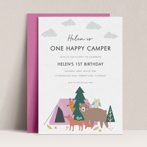 Happy Camper Birthday Invitation, One Happy Camper Birthday Invitation, Camping Birthday Party, 1st Birthday Invite, Invitation Template D05
