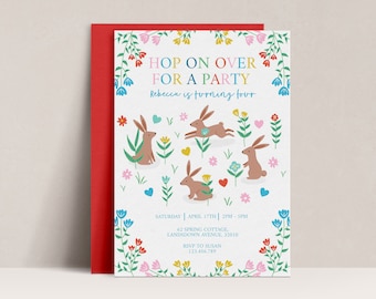 Bunny Birthday Party Invitation, Floral Easter Egg Hunt (Editable Template)
