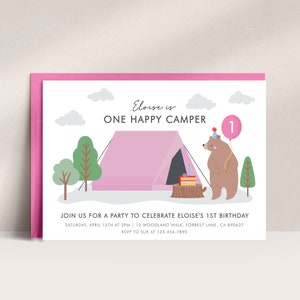 Happy Camper Birthday Invitation, One Happy Camper Birthday Invitation, Camping Birthday Party, 1st Birthday Invite, Invitation Template D05