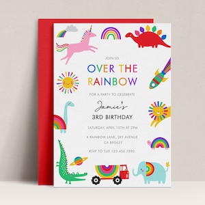 Rainbow Birthday Invitation, Editable Rainbow Party Invite, Rainbow Invitation Template, Unisex Rainbow Party, Unicorn and Dinosaur, D22