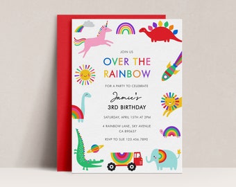 Rainbow Birthday Invitation, Editable Rainbow Party Invite, Rainbow Invitation Template, Unisex Rainbow Party, Unicorn and Dinosaur, D22