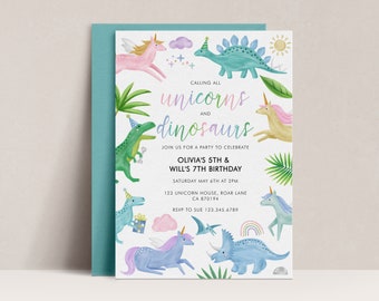 Unicorn and Dinosaur Birthday Invitation, Joint Unisex Birthday Invitation, Sibling Birthday, Unicorn and Dinosaur Party Invite, D20