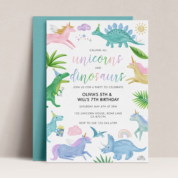 Unicorn and Dinosaur Birthday Invitation, Joint Unisex Birthday Invitation, Sibling Birthday, Unicorn and Dinosaur Party Invite, D20