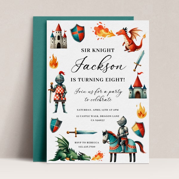 Knights and Dragons Birthday Invitation, Dragon Party Invitation, Editable Template, Dragon Knight Digital Invite, Knight Horse Invite, D59