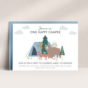 Happy Camper Birthday Invitation, One Happy Camper Birthday Invitation, Camping Birthday Party, 1st Birthday Invite, Invitation Template D05