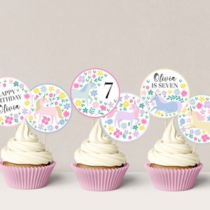 Unicorn and Flowers Cupcake Toppers, Unicorn and Flowers Party Decor, Cake Toppers, Editable Cupcake Toppers, Custom Printable Toppers D93