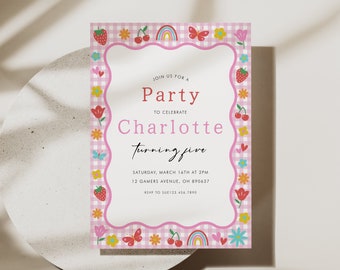 Spring Birthday Invitation, Spring Cottage Invitation, Rainbow Invitation, Gingham Invitation, Butterfly Invitation, Picnic Invitation, D26