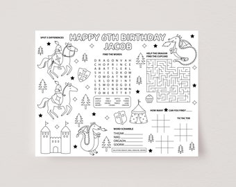 Set de table d'activité chevaliers et dragons, coloriage chevaliers, jeu de fête dragon imprimable, activité de table fête dragon modèle modifiable D39