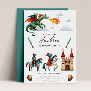 Dragon Birthday Invitation, Knights and Dragons Party Invitation, Editable Template, Dragon Knight Digital Invite, Knight Horse Invite, D59