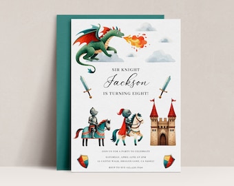 Dragon Birthday Invitation, Knights and Dragons Party Invitation, Editable Template, Dragon Knight Digital Invite, Knight Horse Invite, D59