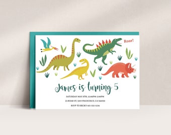 May include: A colorful dinosaur-themed birthday invitation with the text "James is turning 5" and details for a party on Saturday, May 8th from 12:00 PM to 2:00 PM. The invitation features a variety of dinosaurs in green, yellow, orange, and red.