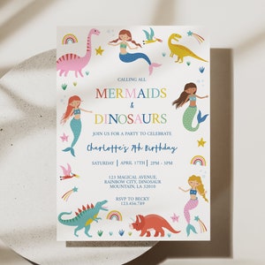 Mermaid and Dinosaur Party Invitation, Dinosaur and Mermaid Birthday Invitation, Instant Download Editable Invitation, Joint Invitation, D63