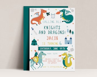 Knights and Dragons Birthday Invitation, Dragon Party Invitation, Knights and Dragons Invitation, Dragon and Knight Party, Dragon Party, D39