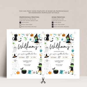 May include: A printable Halloween party invitation with a white background and colorful illustrations of ghosts, bats, pumpkins, and a witch. The invitation says "Williams' Fourth Boo-thday join us for a spooktacular time October 23 12-3 PM 123 Spooky Avenue Bewitched City 32010 RSVP to Sarah 1234567890"
