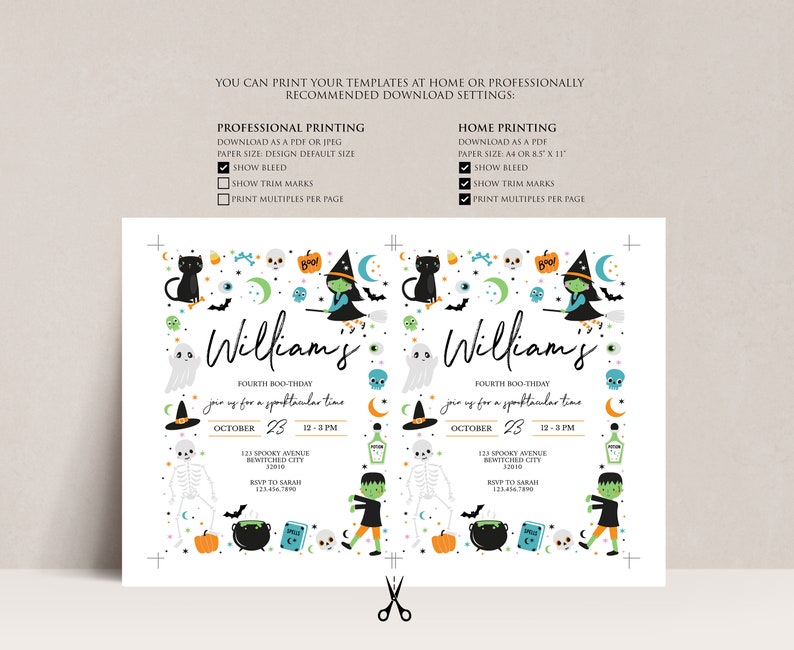 May include: A printable Halloween party invitation with a white background and colorful illustrations of ghosts, bats, pumpkins, and a witch. The invitation says "Williams' Fourth Boo-thday join us for a spooktacular time October 23 12-3 PM 123 Spooky Avenue Bewitched City 32010 RSVP to Sarah 1234567890"
