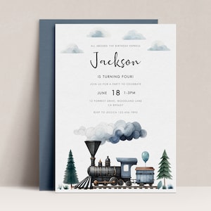 Blue Train Birthday Invitation Template, Modern Party Invites (Digital Download)