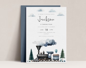 Blue Train Birthday Invitation Template, Modern Party Invites (Digital Download)