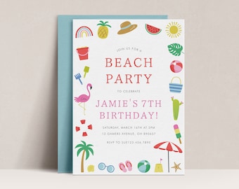 Editable Beach Birthday Invitation, Summer Party Invite (Digital Download)