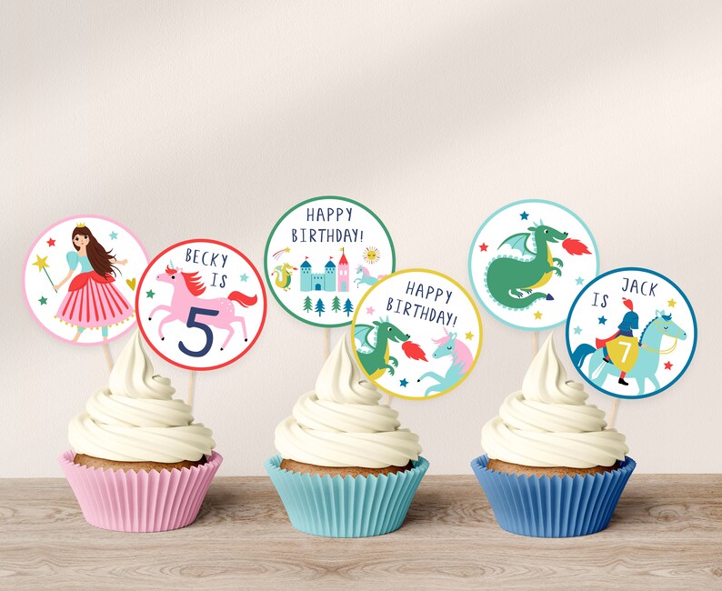 Knights Princess Dragons Cupcake Toppers DIY Custom Unisex Etsy