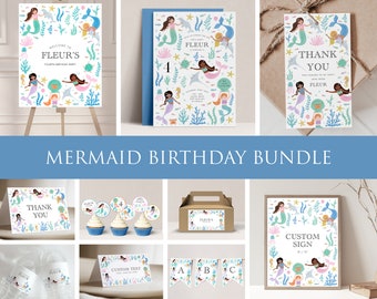 May include: A collection of mermaid-themed party supplies, including invitations, thank you cards, cupcake toppers, and a banner. The designs feature mermaids, sea creatures, and aquatic plants in a pastel color palette. Text includes "Welcome to Fleur's Fourth Birthday Party" and "Mermaid Birthday Bundle."