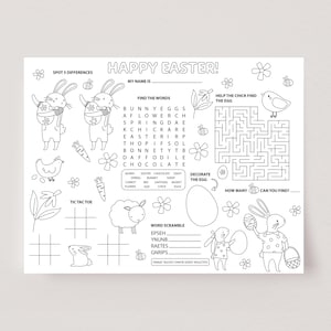 May include: A black and white printable worksheet with Easter-themed activities for kids. The worksheet includes a word search, a maze, a tic-tac-toe game, a word scramble, and a spot the difference game. The worksheet features bunnies, chicks, eggs, flowers, and carrots.