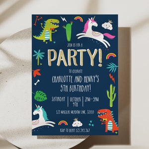 Unicorn And Dinosaur Invitation, Dinosaur and Unicorn Party, Joint Party Invite, Sibling Unicorn And Dinosaur Party, D02